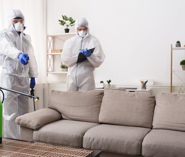 Men,In,Virus,Protective,Suit,Making,Treatment,Of,Sofas,And